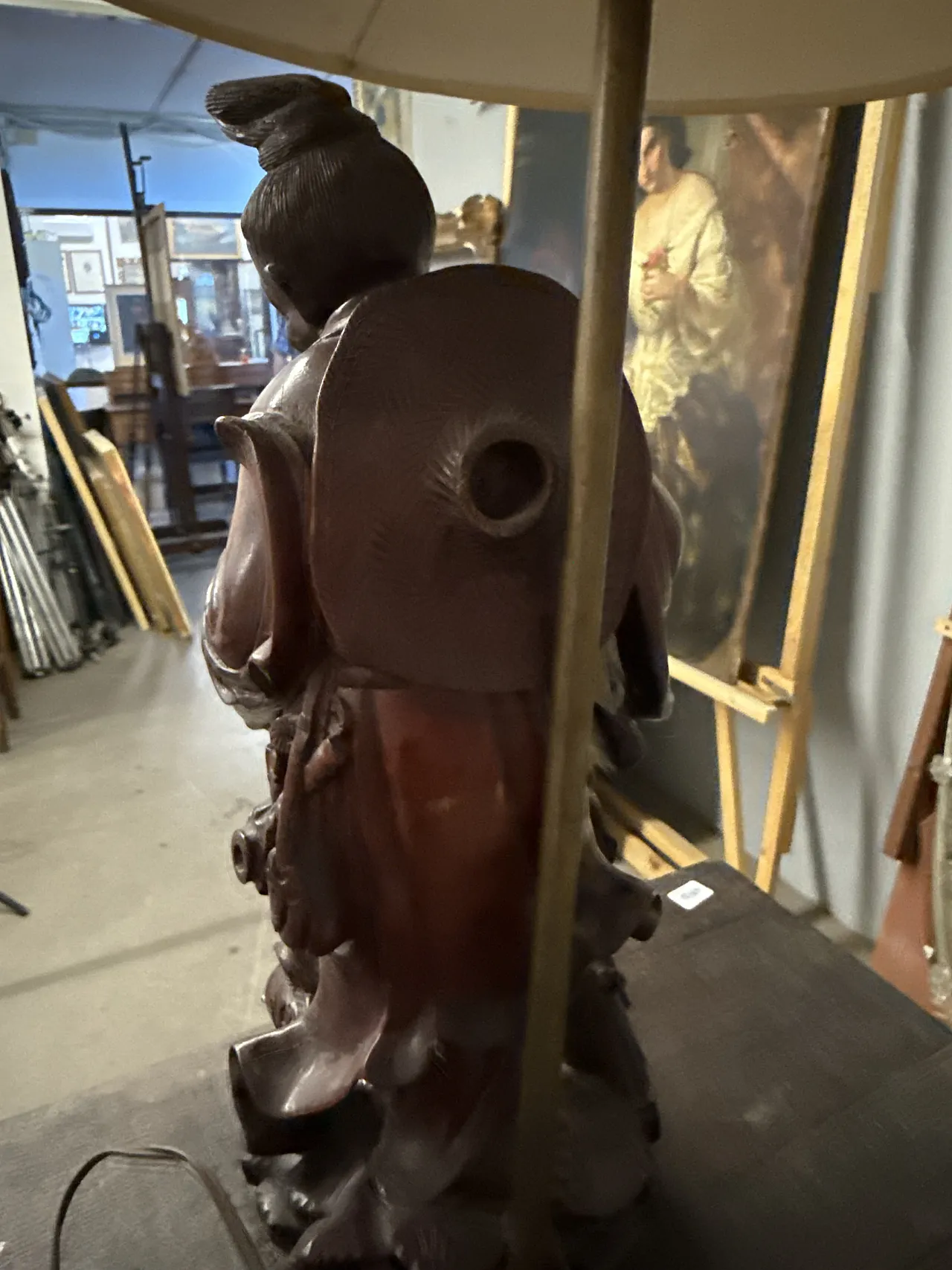 Scultura a lampada in legno cinese personaggio, '900 13