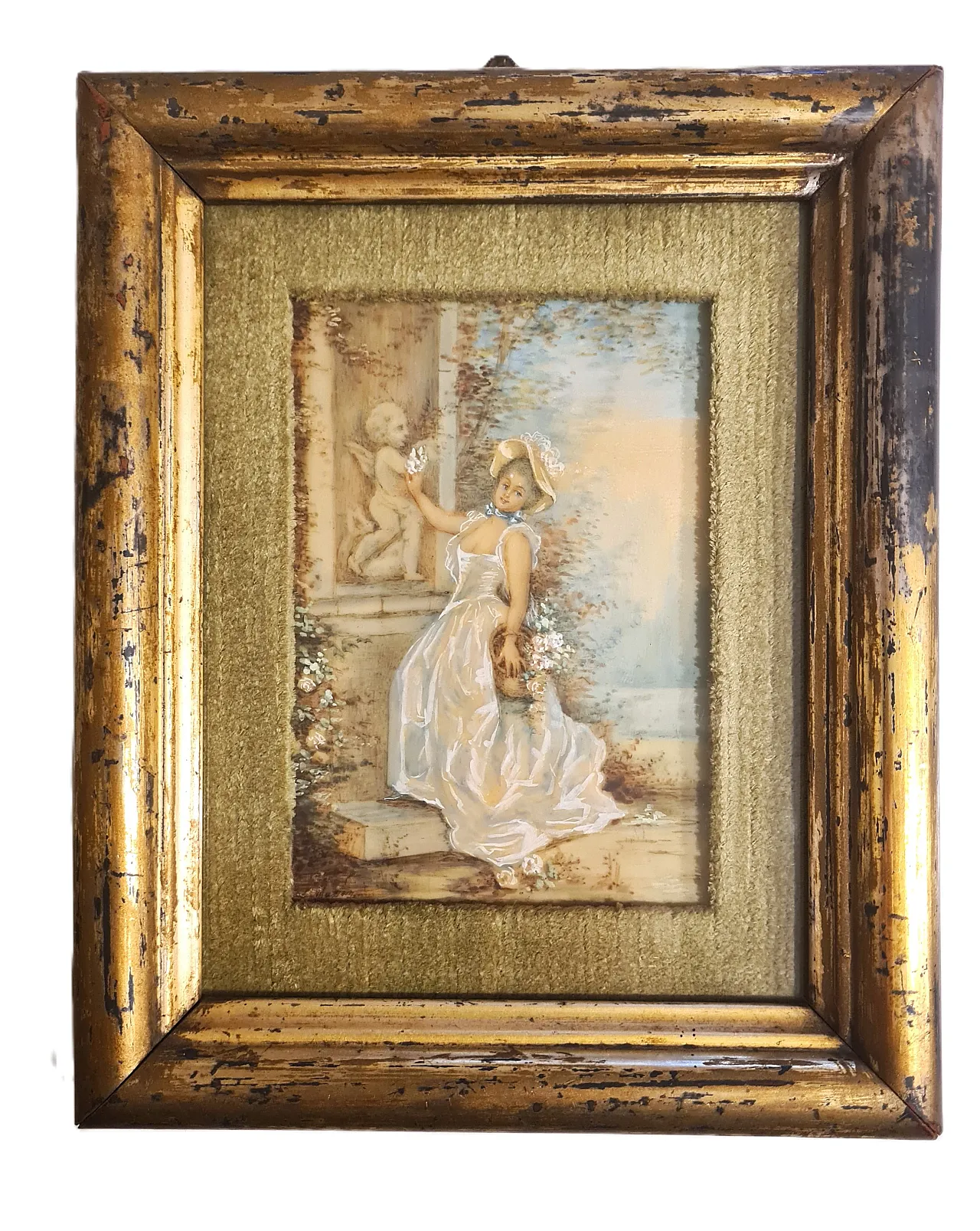 Miniatura olio su tela,dama con fiori, barocco, fine '700 1