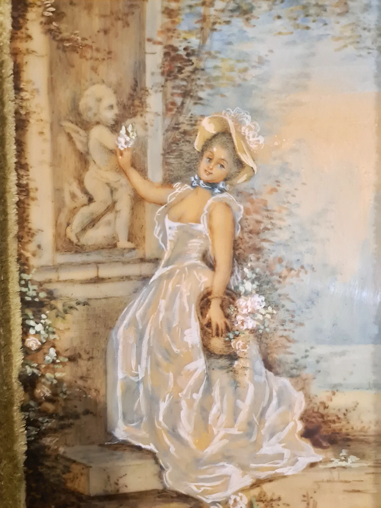 Miniatura olio su tela,dama con fiori, barocco, fine '700 2