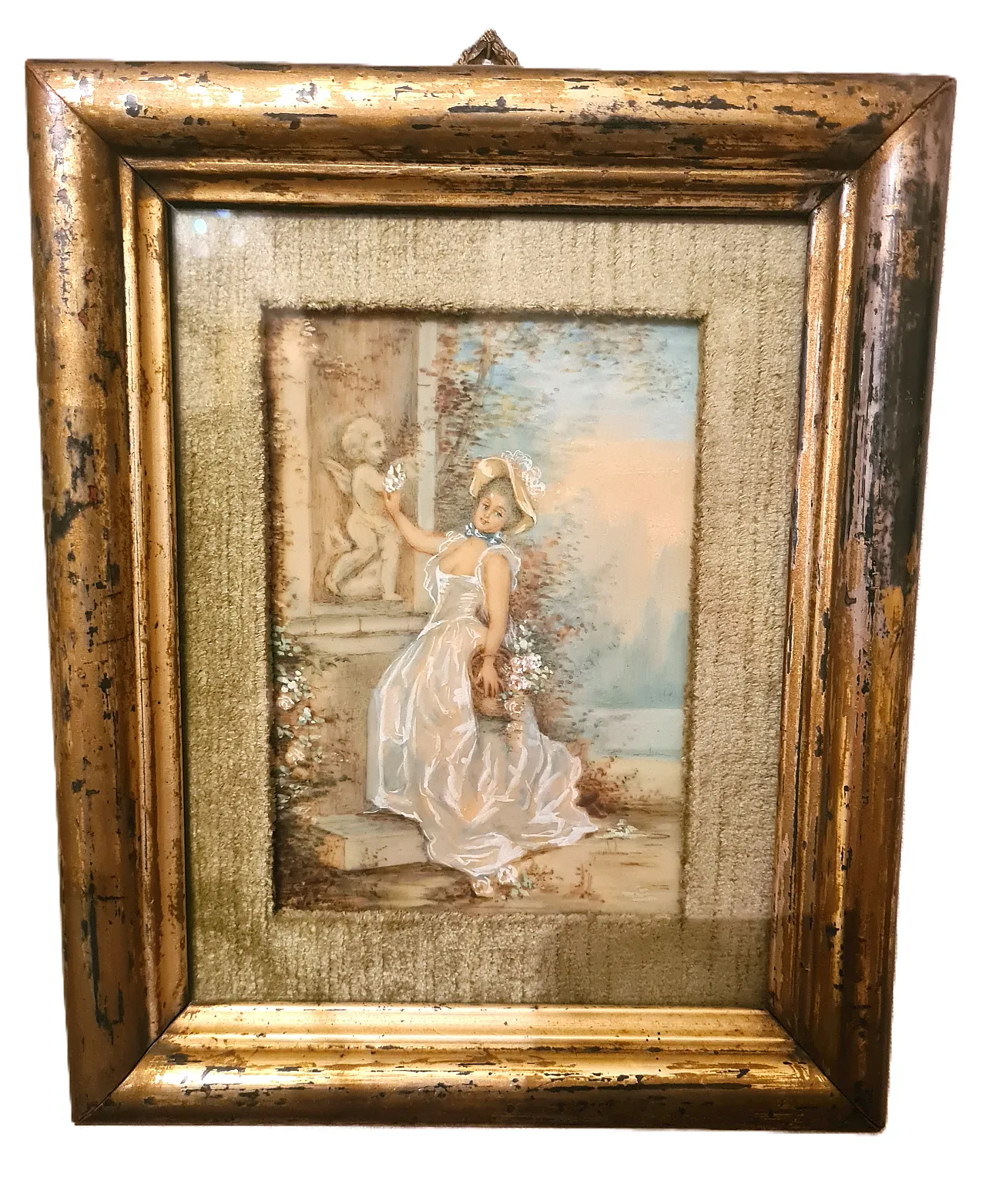 Miniatura olio su tela,dama con fiori, barocco, fine '700 3