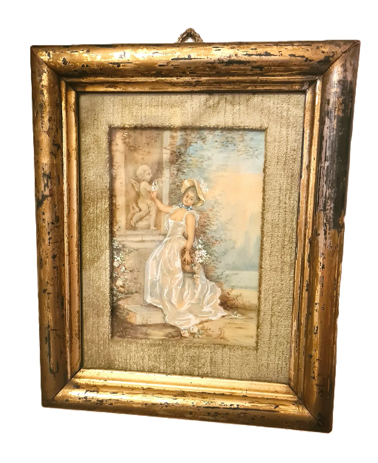 Miniatura olio su tela,dama con fiori, barocco, fine '700 7