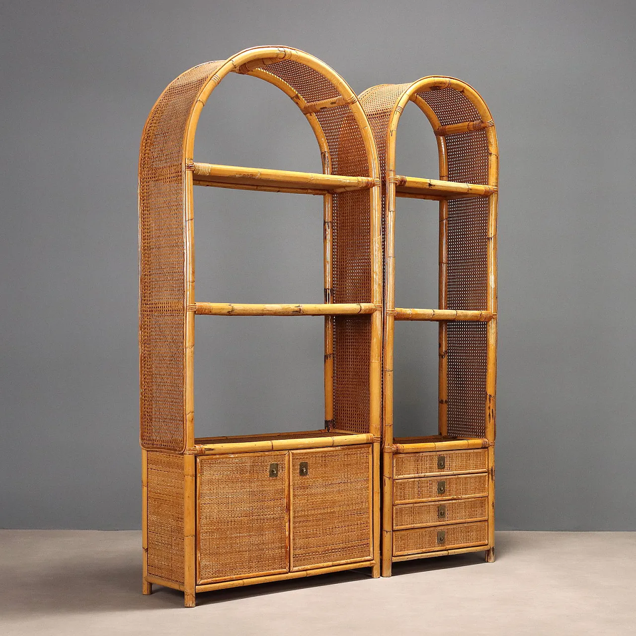 Bookcase in bamboo and wicker with drawers, 1980s 1