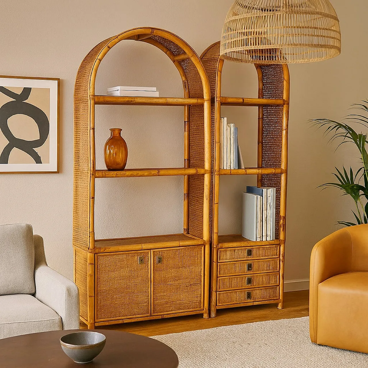 Bookcase in bamboo and wicker with drawers, 1980s 2