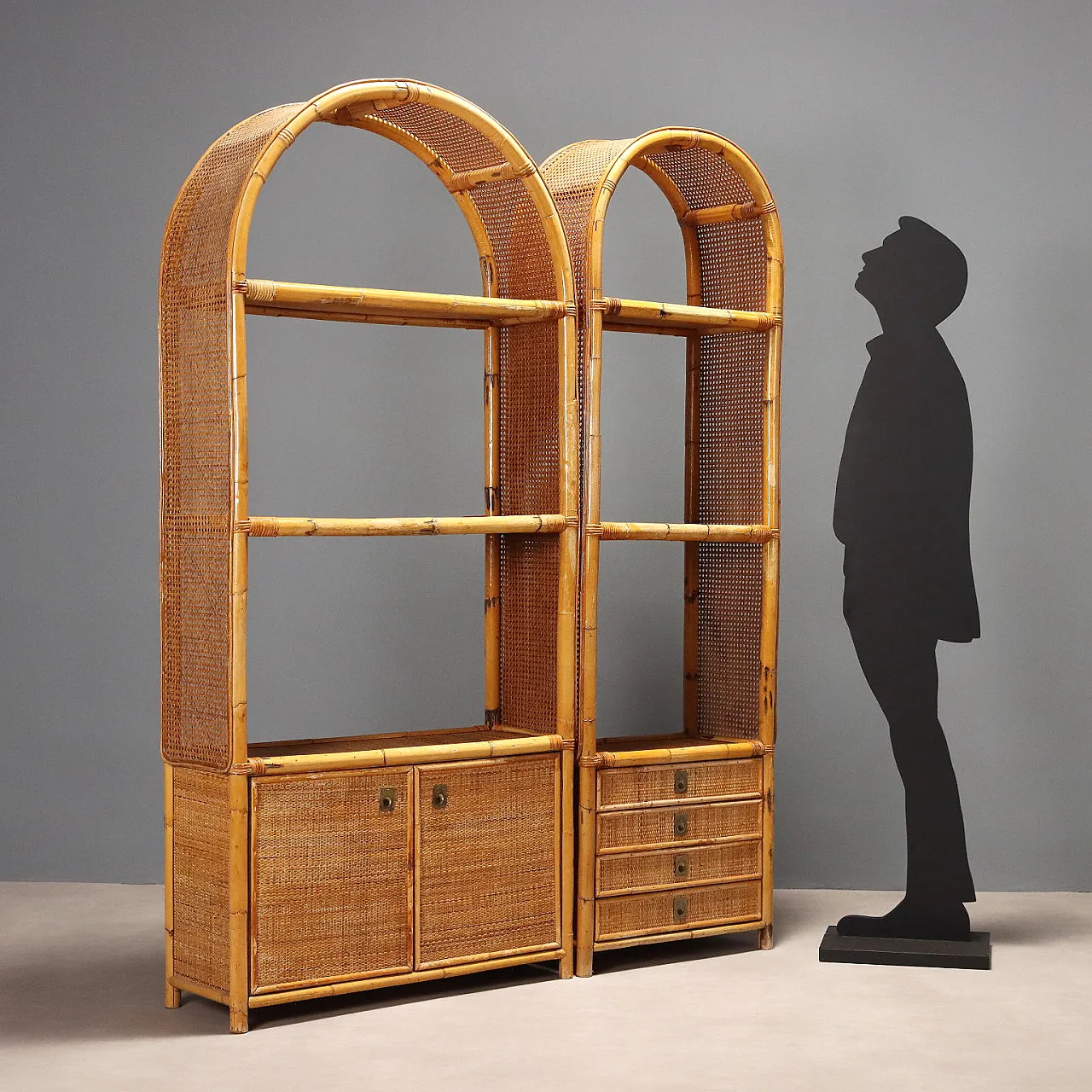 Bookcase in bamboo and wicker with drawers, 1980s 3