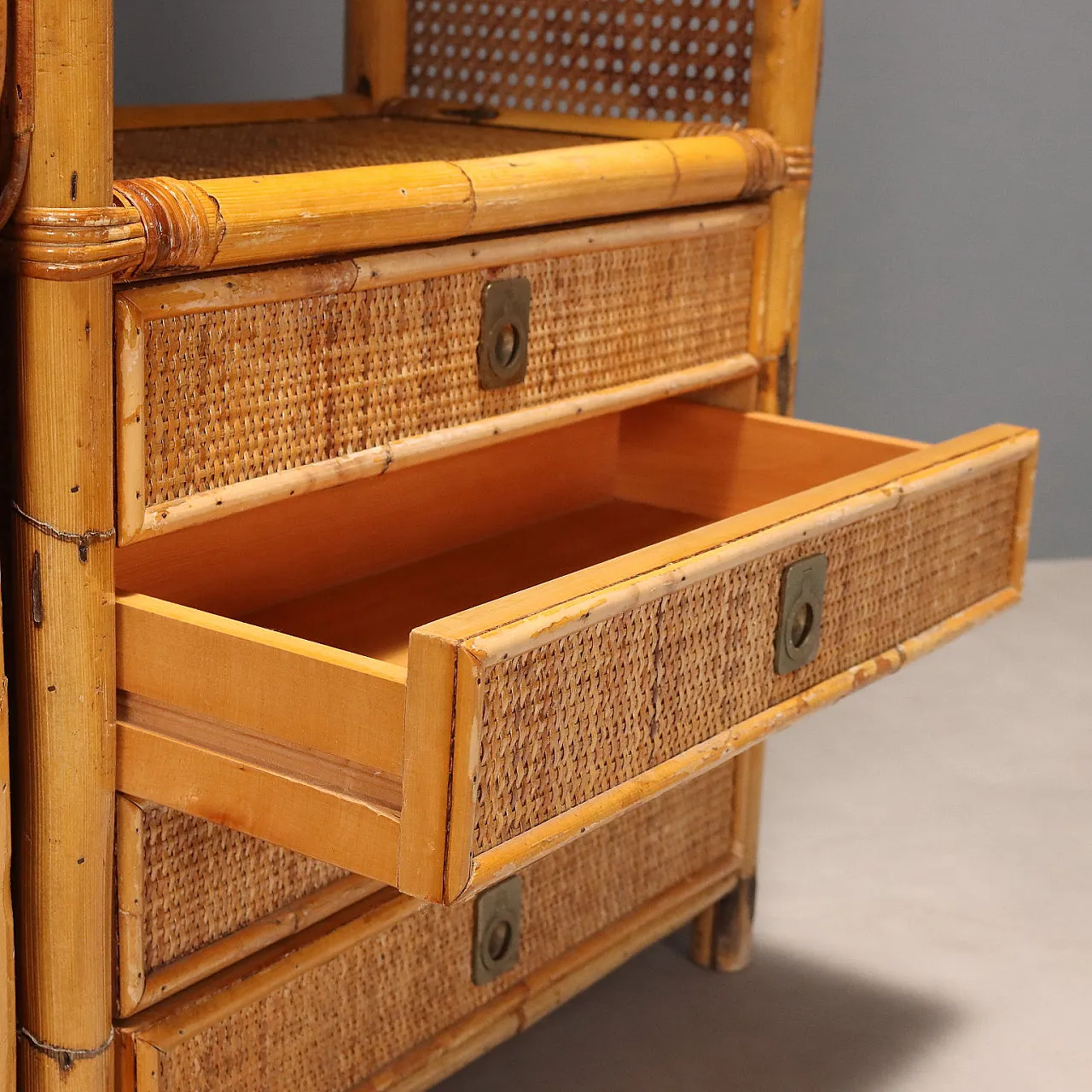 Bookcase in bamboo and wicker with drawers, 1980s 6