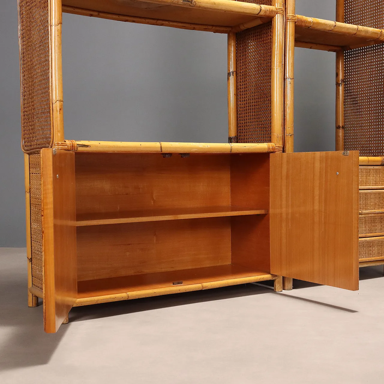 Bookcase in bamboo and wicker with drawers, 1980s 7