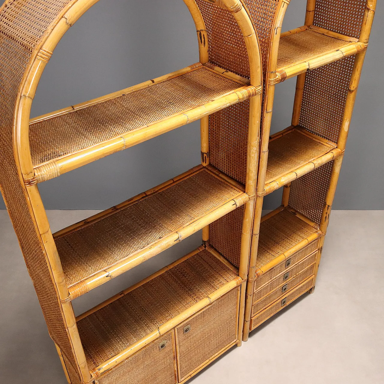 Bookcase in bamboo and wicker with drawers, 1980s 9