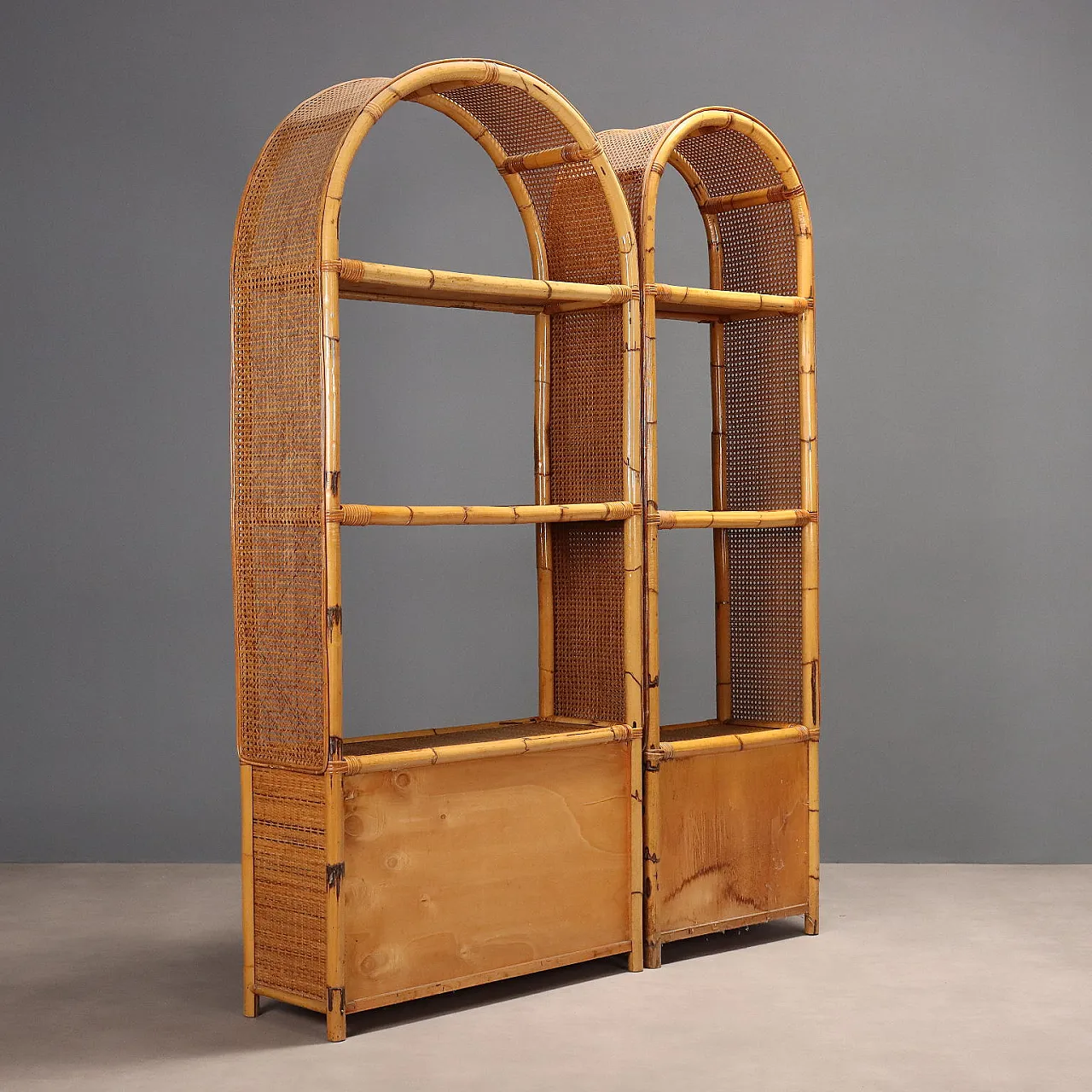 Bookcase in bamboo and wicker with drawers, 1980s 10