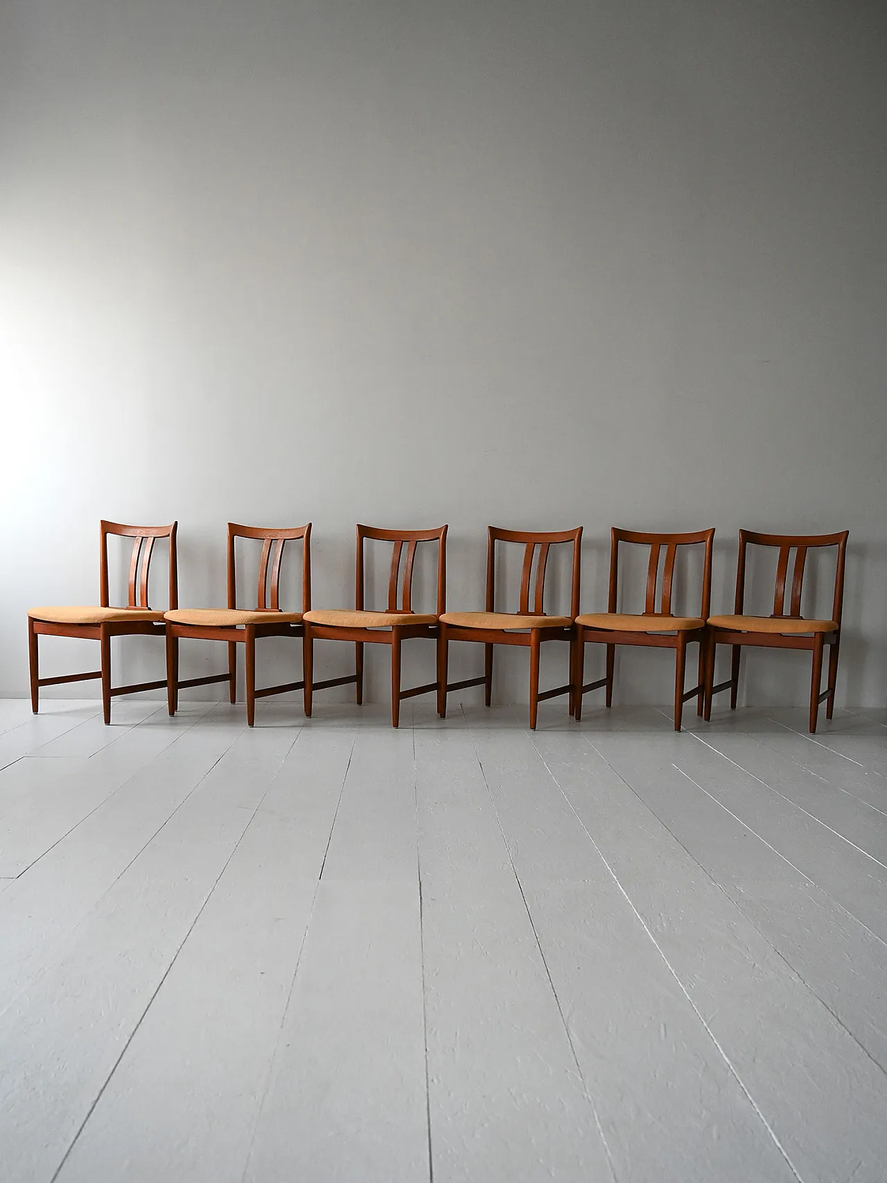 Set 6 Scandinavian Teak chairs with yellow seat 1