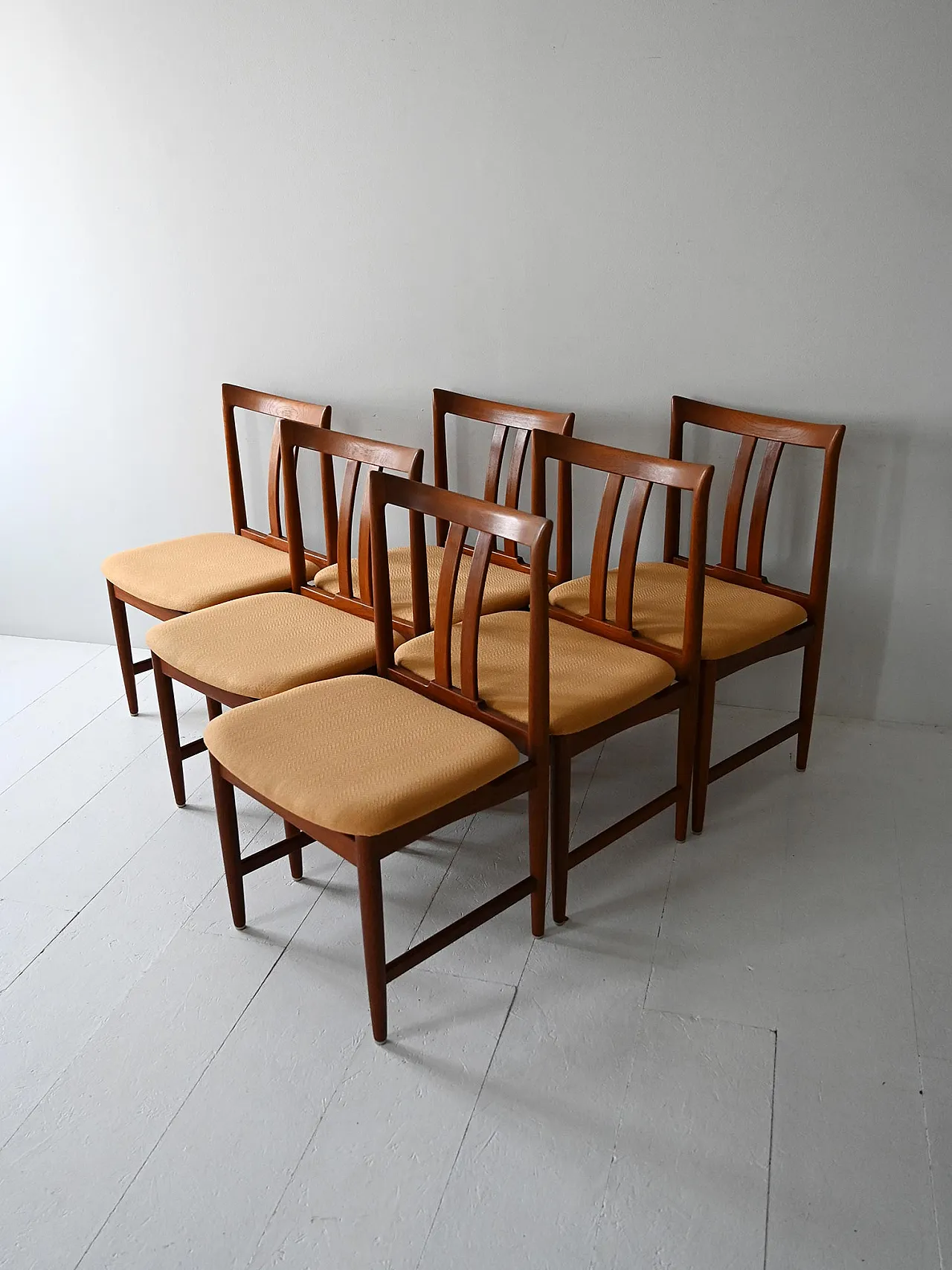 Set 6 Scandinavian Teak chairs with yellow seat 2