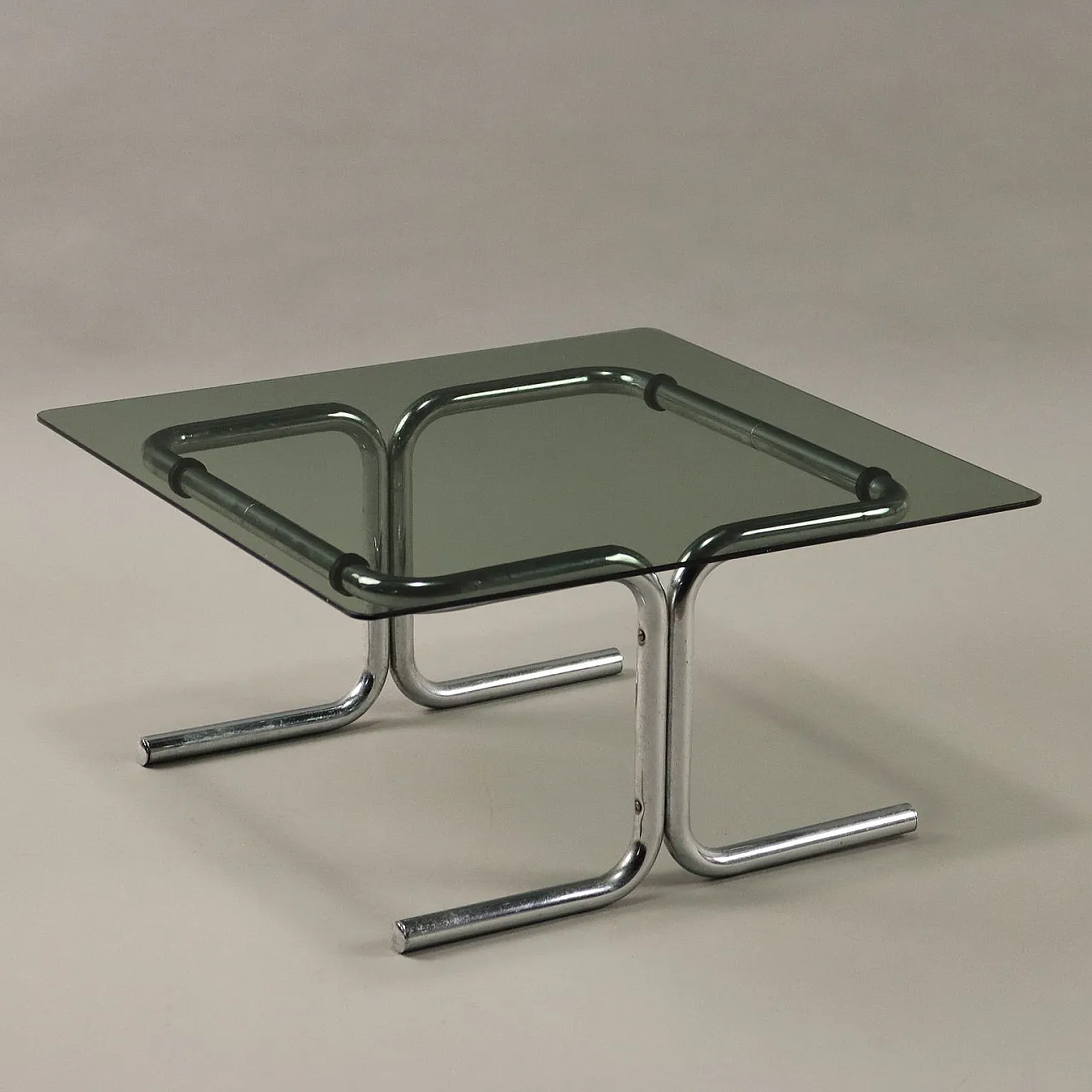 Coffee table in smoked glass and chromed metal, 1970s 1