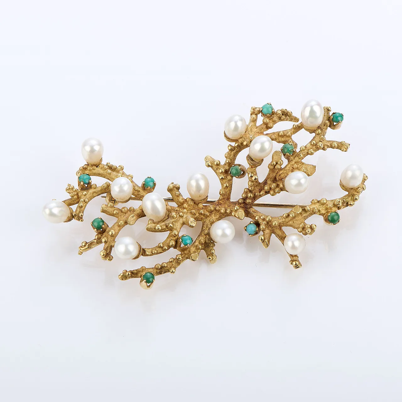 Spilla in oro 18kt con perle e turchesi 1