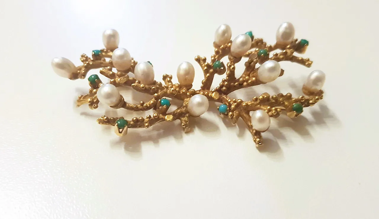 Spilla in oro 18kt con perle e turchesi 2
