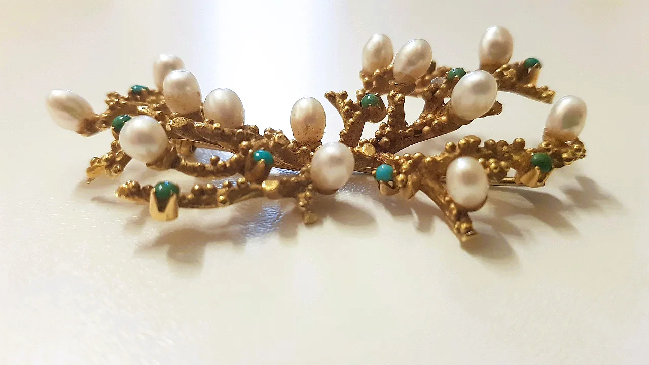 Spilla in oro 18kt con perle e turchesi 3