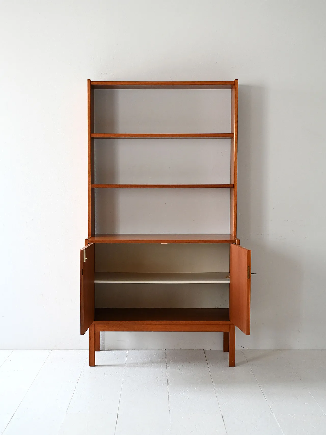 Vintage Scandinavian library with swing doors and visible shelves 3