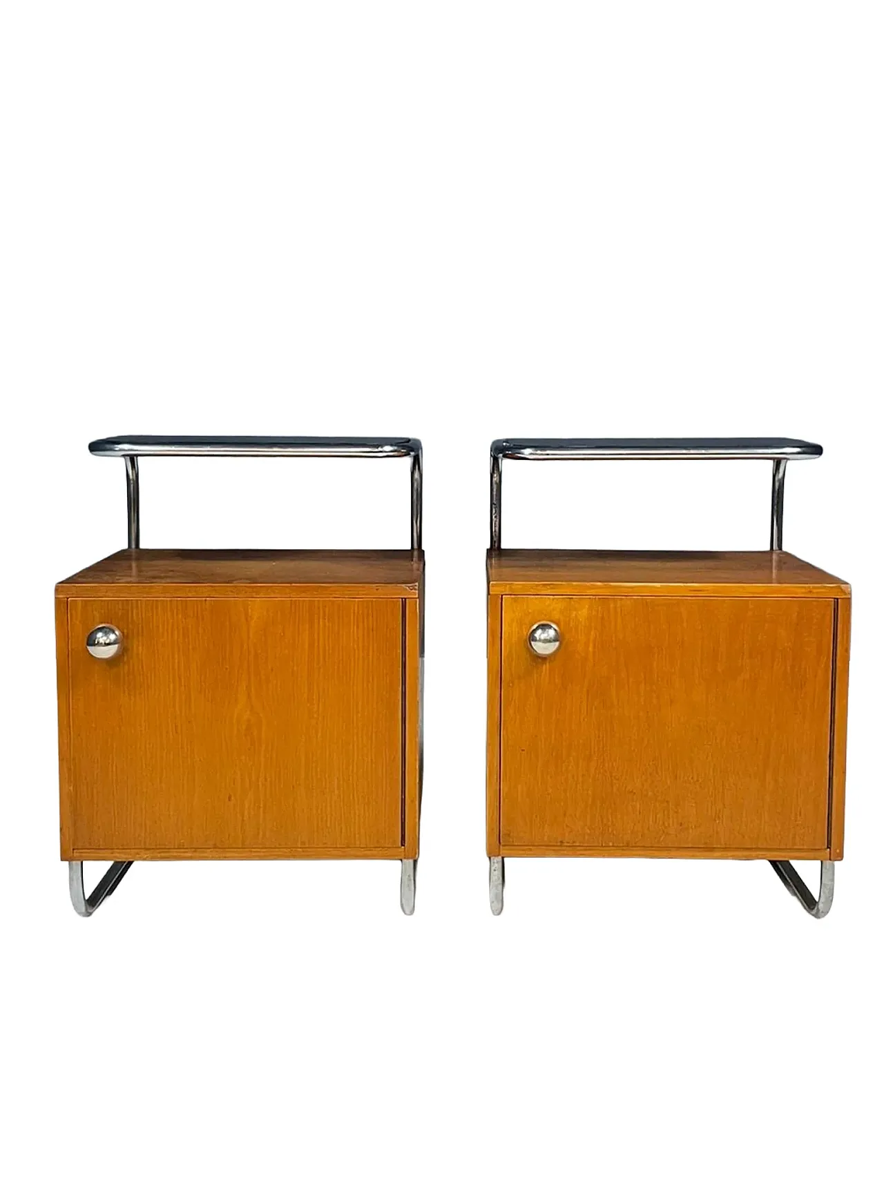 Pair of Bauhaus bedside tables in chrome and wood, 1930s 1