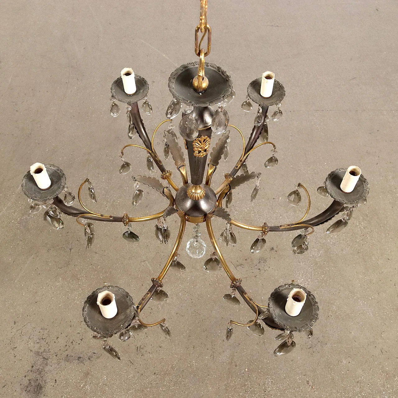 Restoration style brass, bronze and crystal chandelier, early 20th century 8