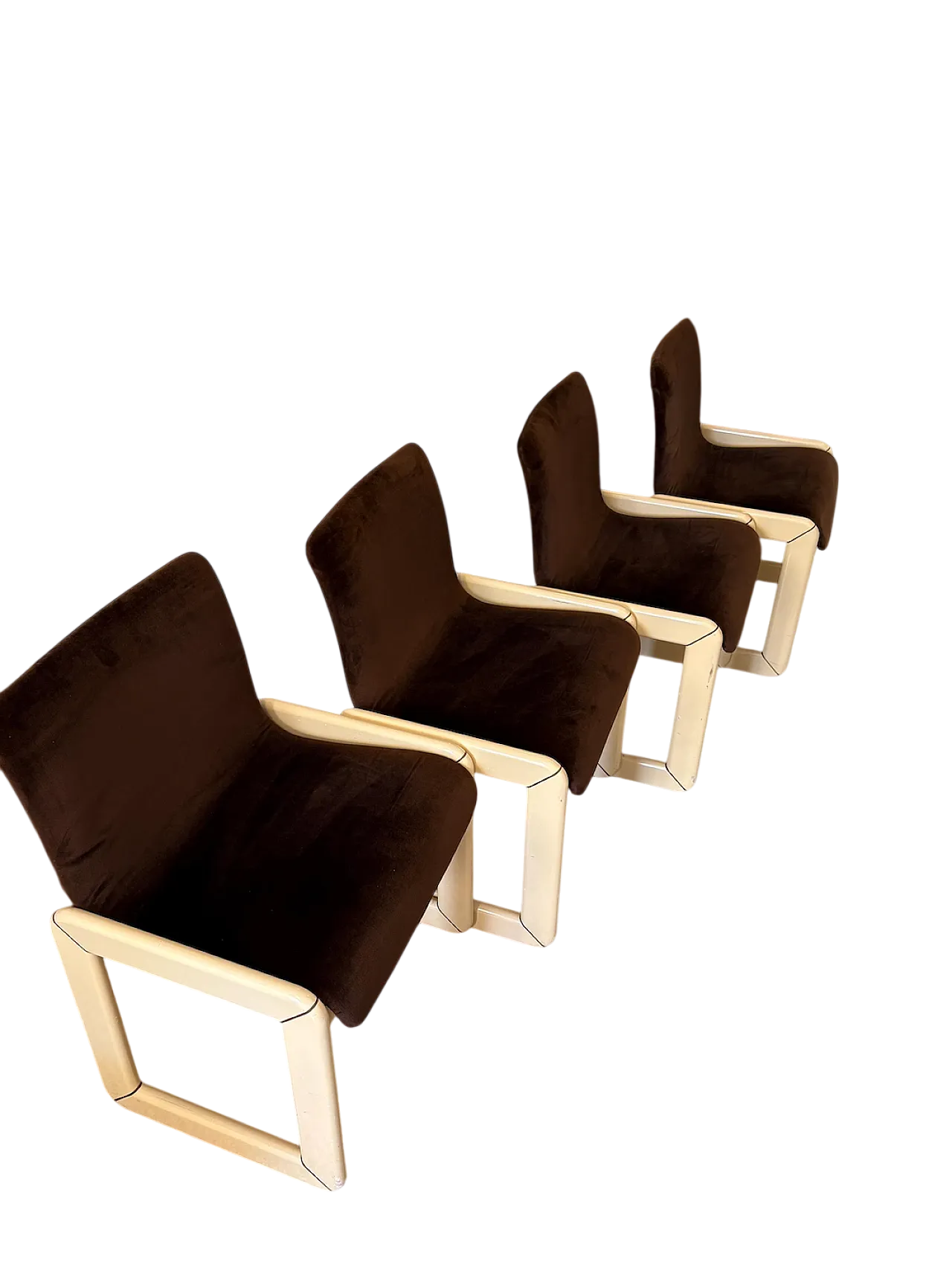 4 sedie space age ottone legno e velluto, anni '70 11