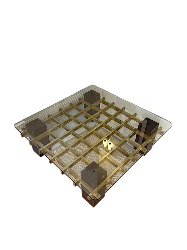 Tavolo space age in ottone, legno, anni '70