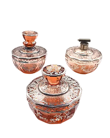 SET TOILETTE IN VETRO SOFFIATO E LAMINA D'ARGENTO, ART DÉCO, '20