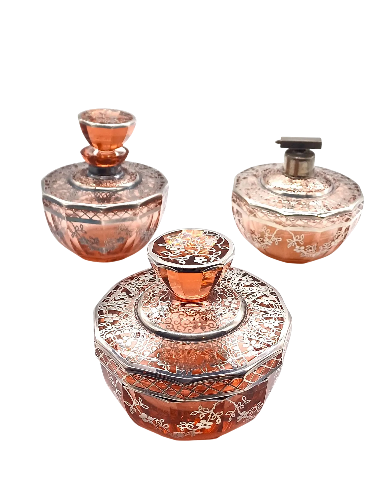 SET TOILETTE IN VETRO SOFFIATO E LAMINA D'ARGENTO, ART DÉCO, '20 15