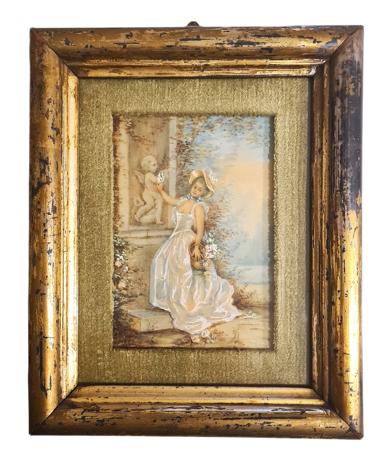 Miniatura olio su tela,dama con fiori, barocco, fine '700 8