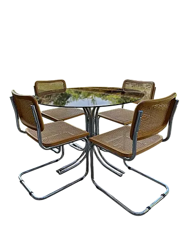 Round dining table with 4 cane chairs, 1960s