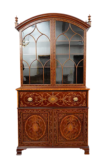 English bookcase in mahogany feather with inlays grafts, 19th century