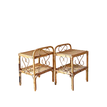Pair of bamboo and rattan bedside tables, 1960s