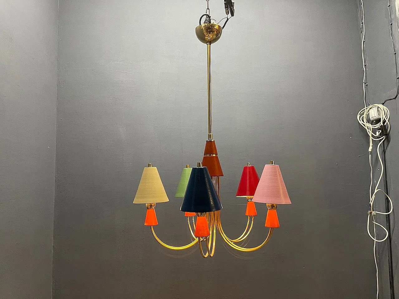 Vintage Brass Pendant with Five Lights, 1980s 3