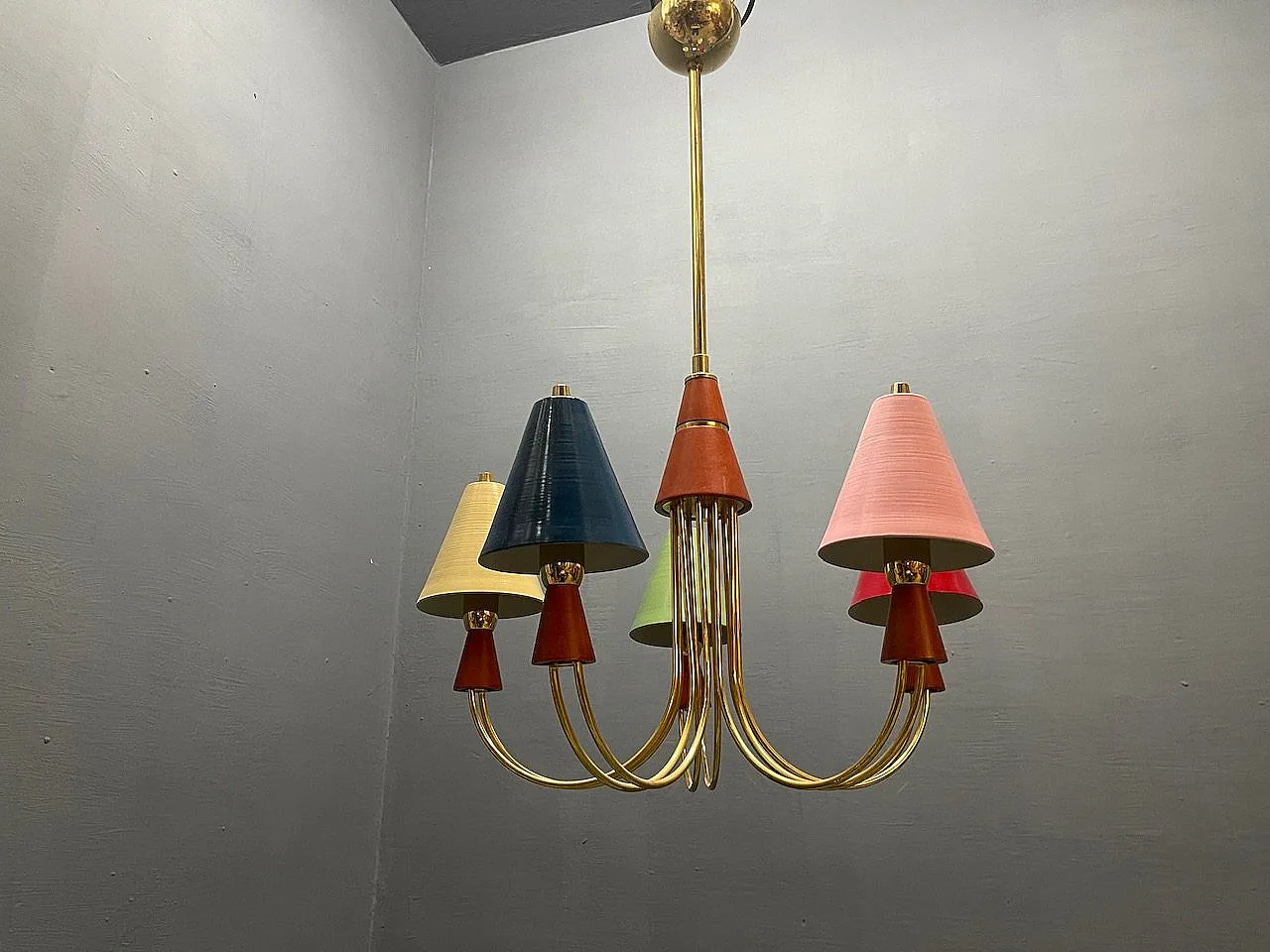 Vintage Brass Pendant with Five Lights, 1980s 5
