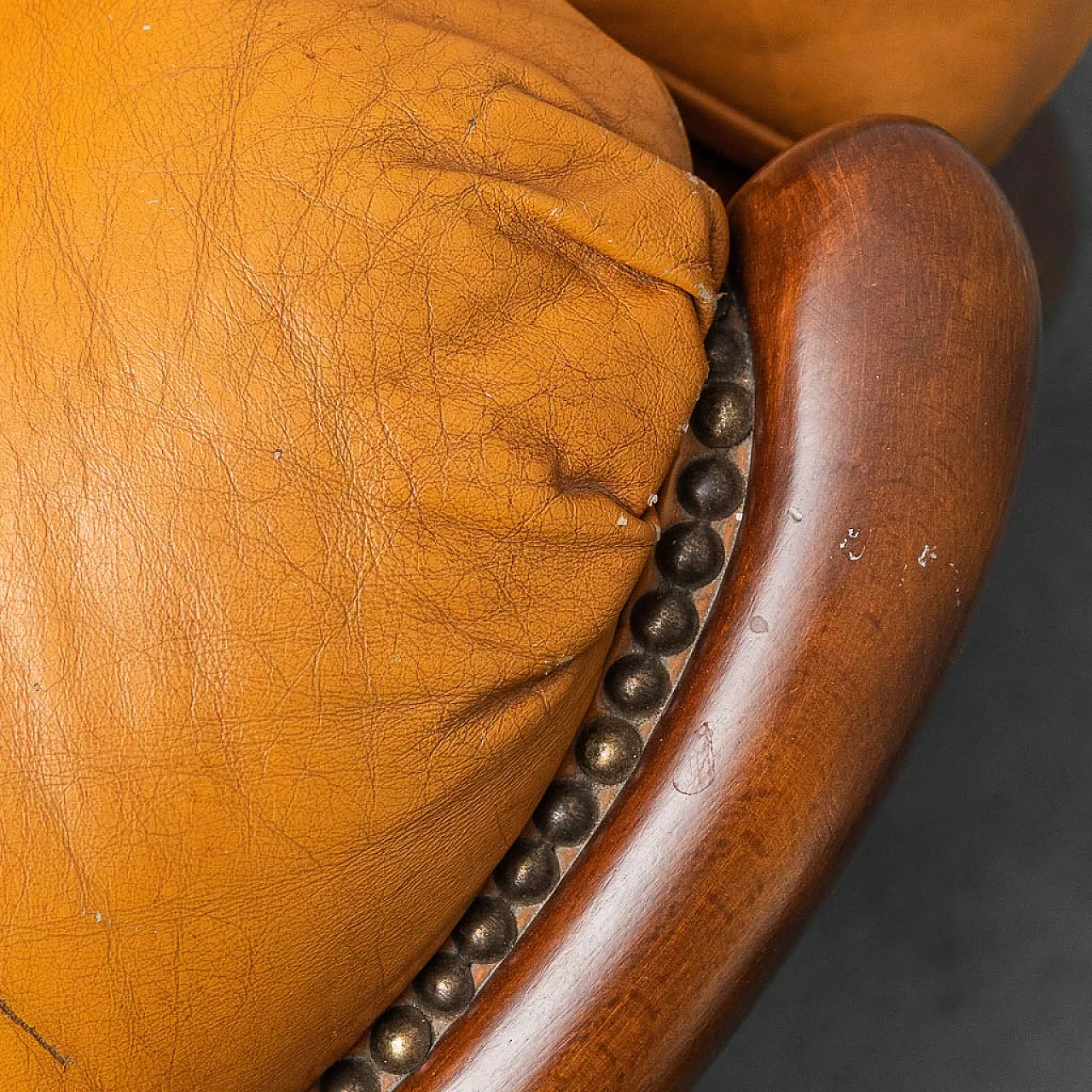 Pair of brown and wood leather armchairs, 50s 5
