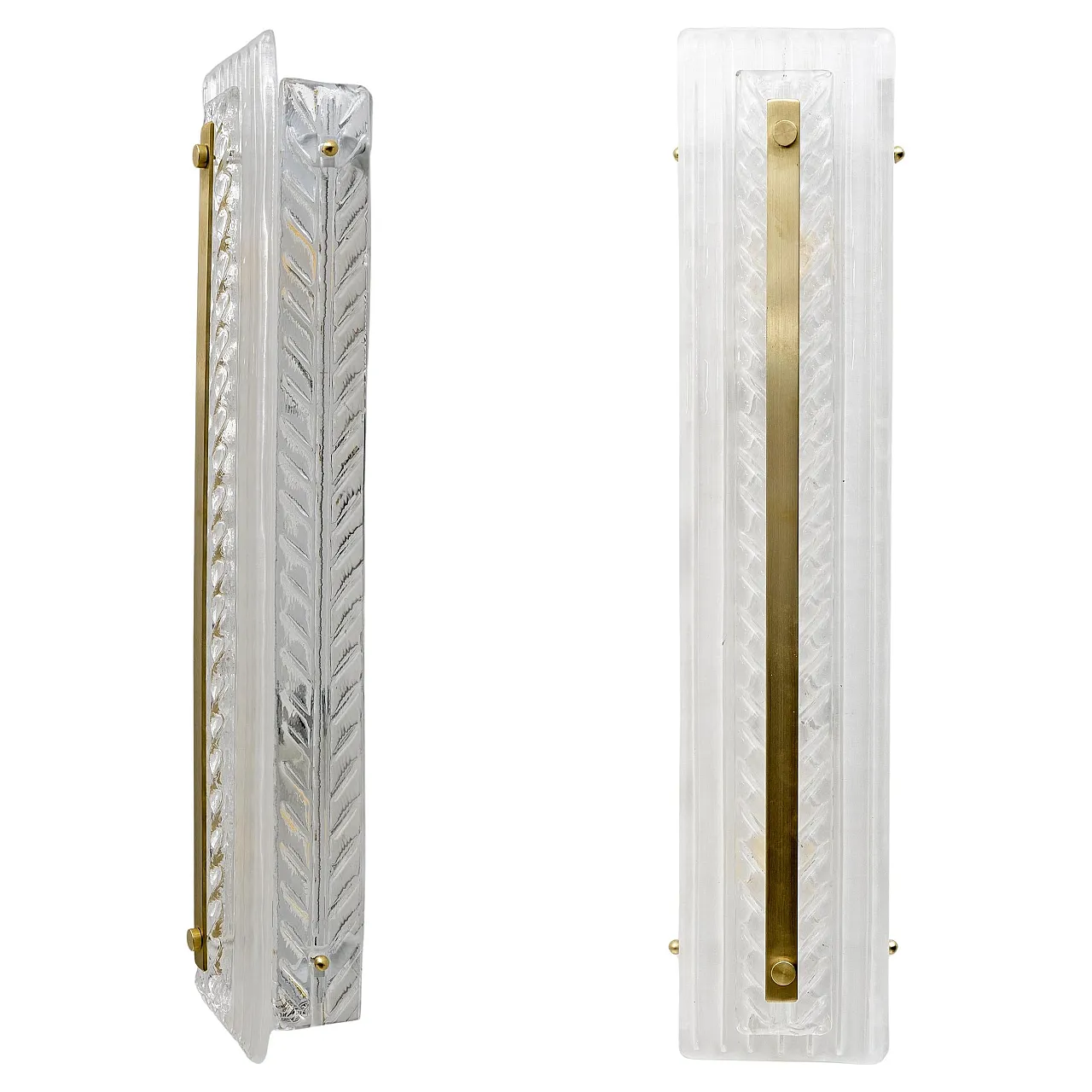 Pair of Art Deco style brass and textured Murano glass sconces, 2000s 1