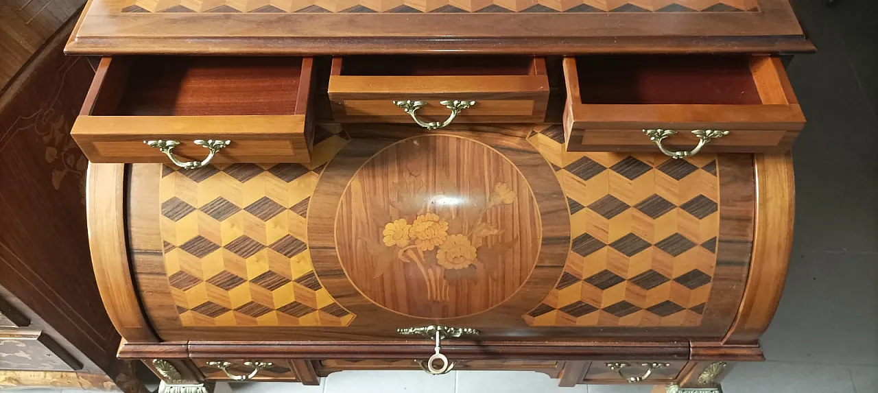 Secreaire a cilindro con intarsi e fregi a bronzo, '900 3