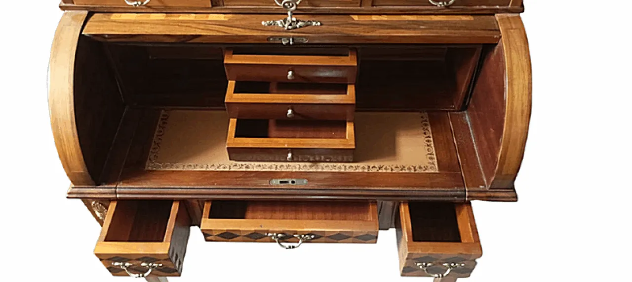 Secreaire a cilindro con intarsi e fregi a bronzo, '900 4