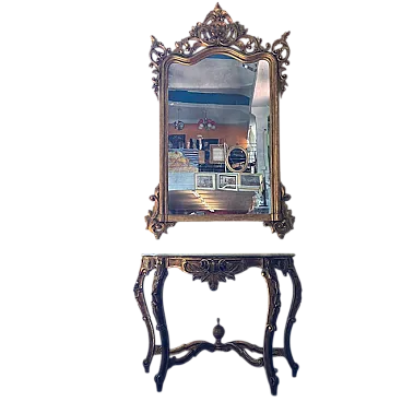 Antica  monumentale console + specchio Luigi Filippo 1840 Foglia oro a