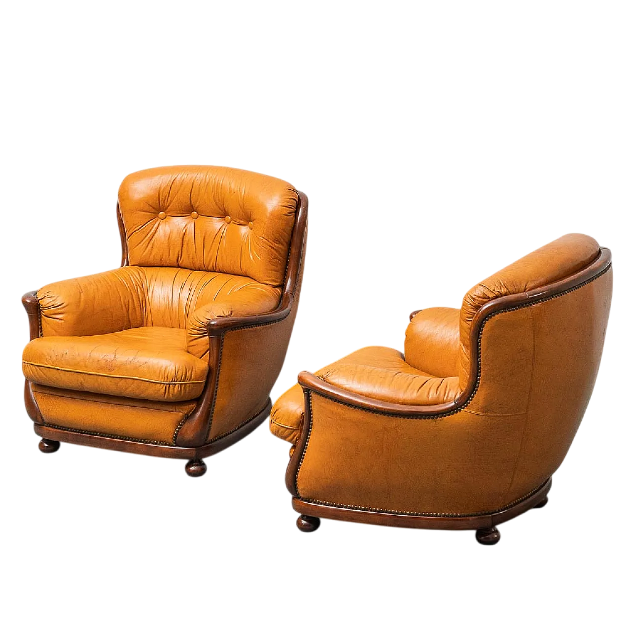 Pair of brown and wood leather armchairs, 50s 12