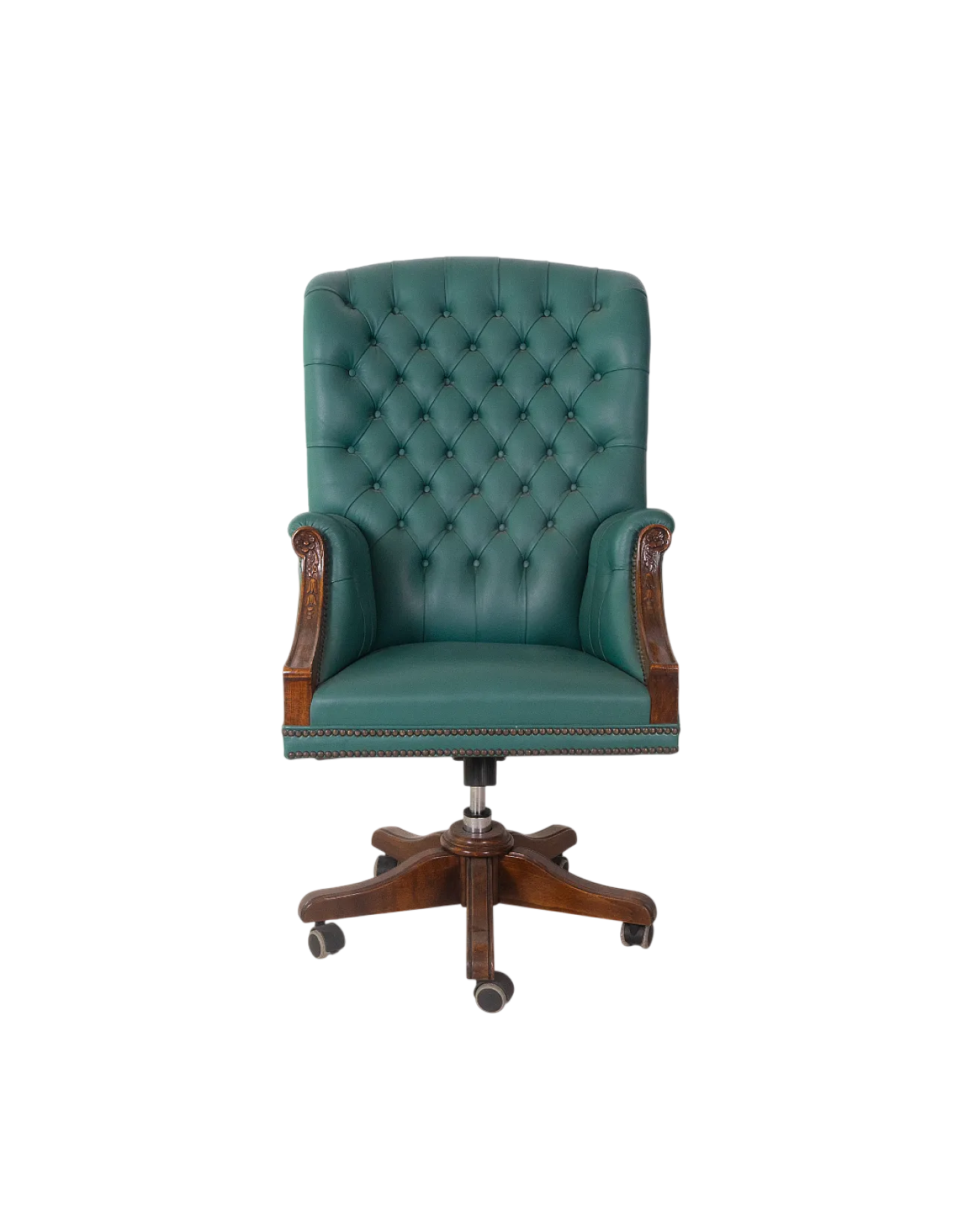 Swivel office armchair in green leather and carved wood, 20th century 8