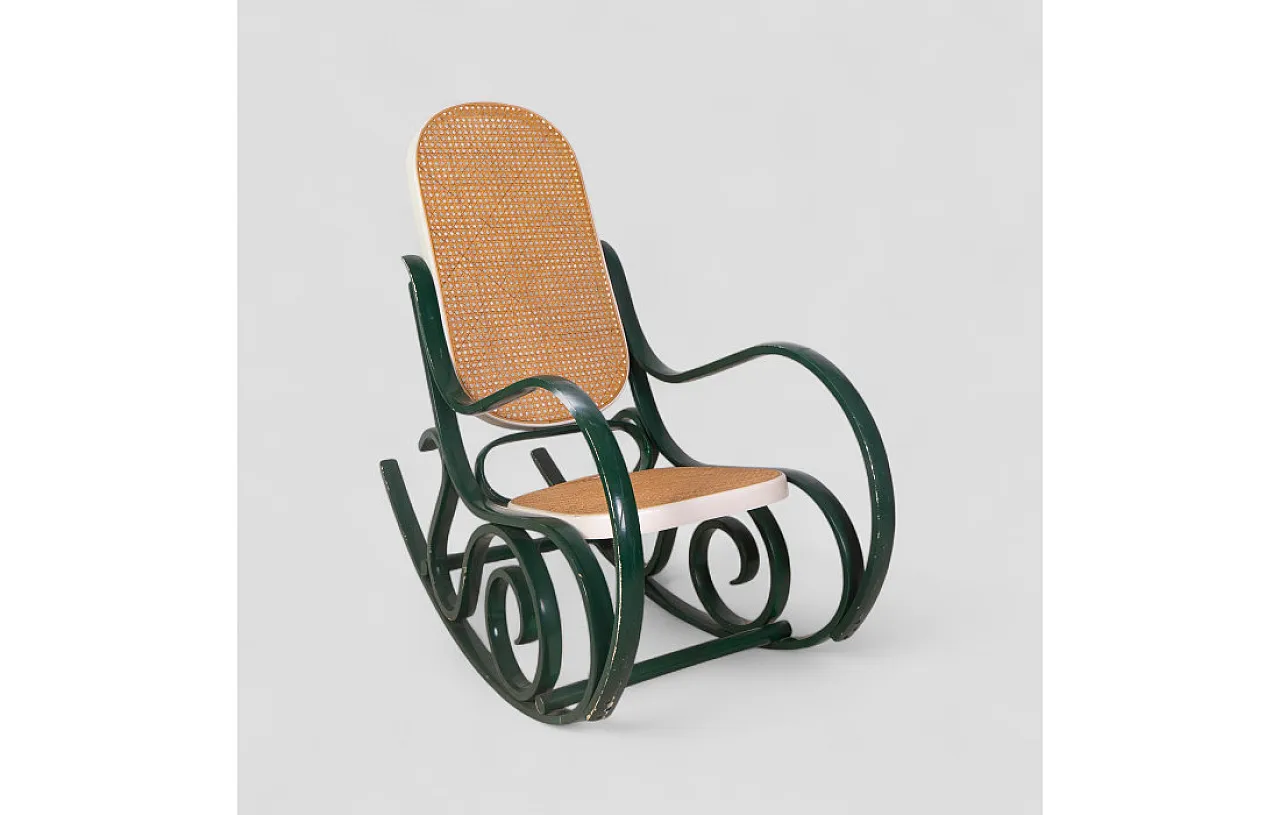 Sedia a dondolo stile Thonet in legno curvato e paglia di Vienna, '900 2