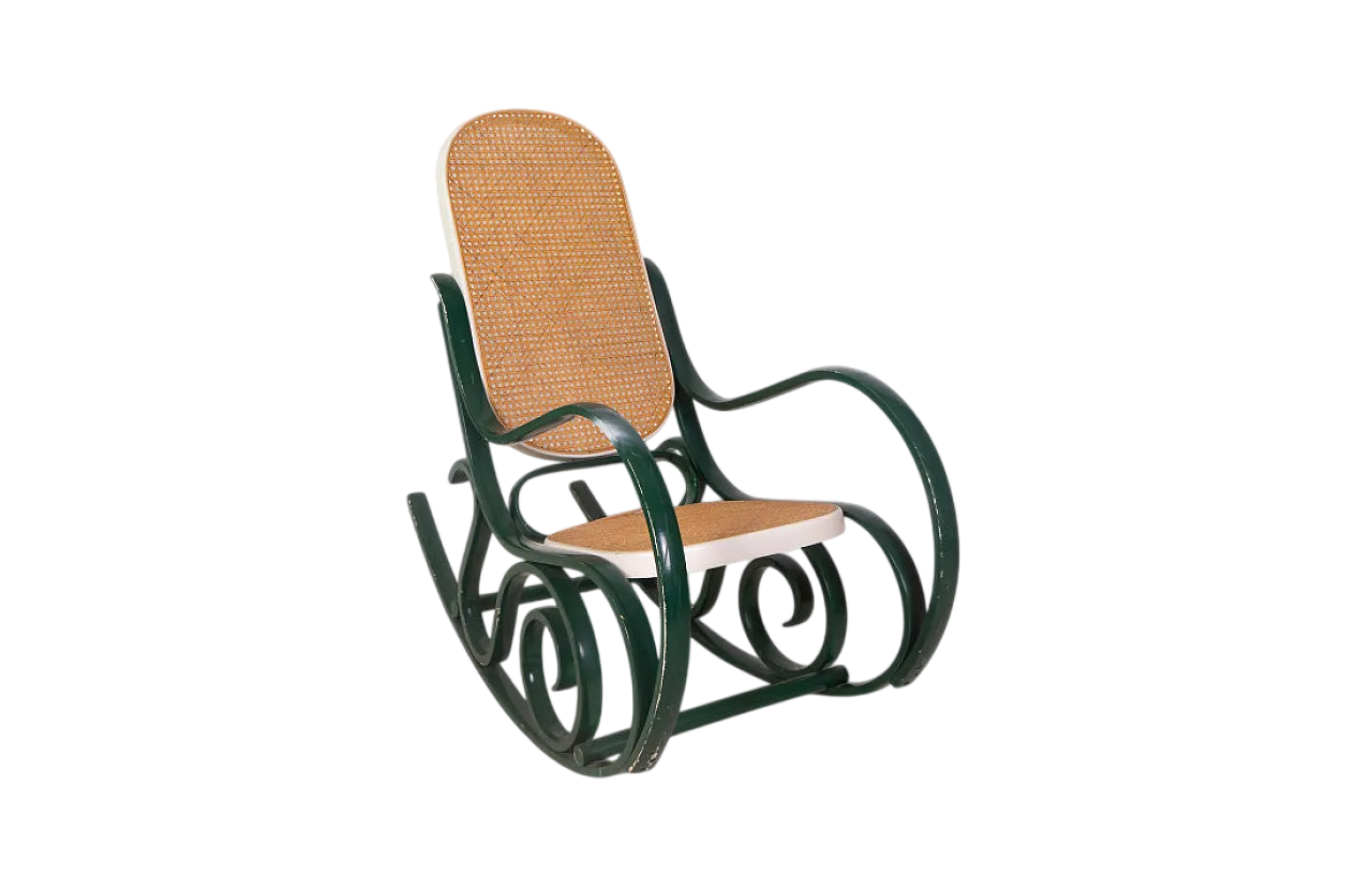 Sedia a dondolo stile Thonet in legno curvato e paglia di Vienna, '900 8