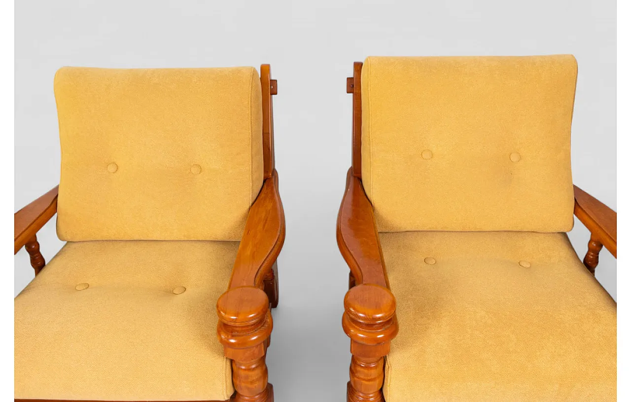 Coppia di poltrone in legno tornito con cuscini, anni ’70 6