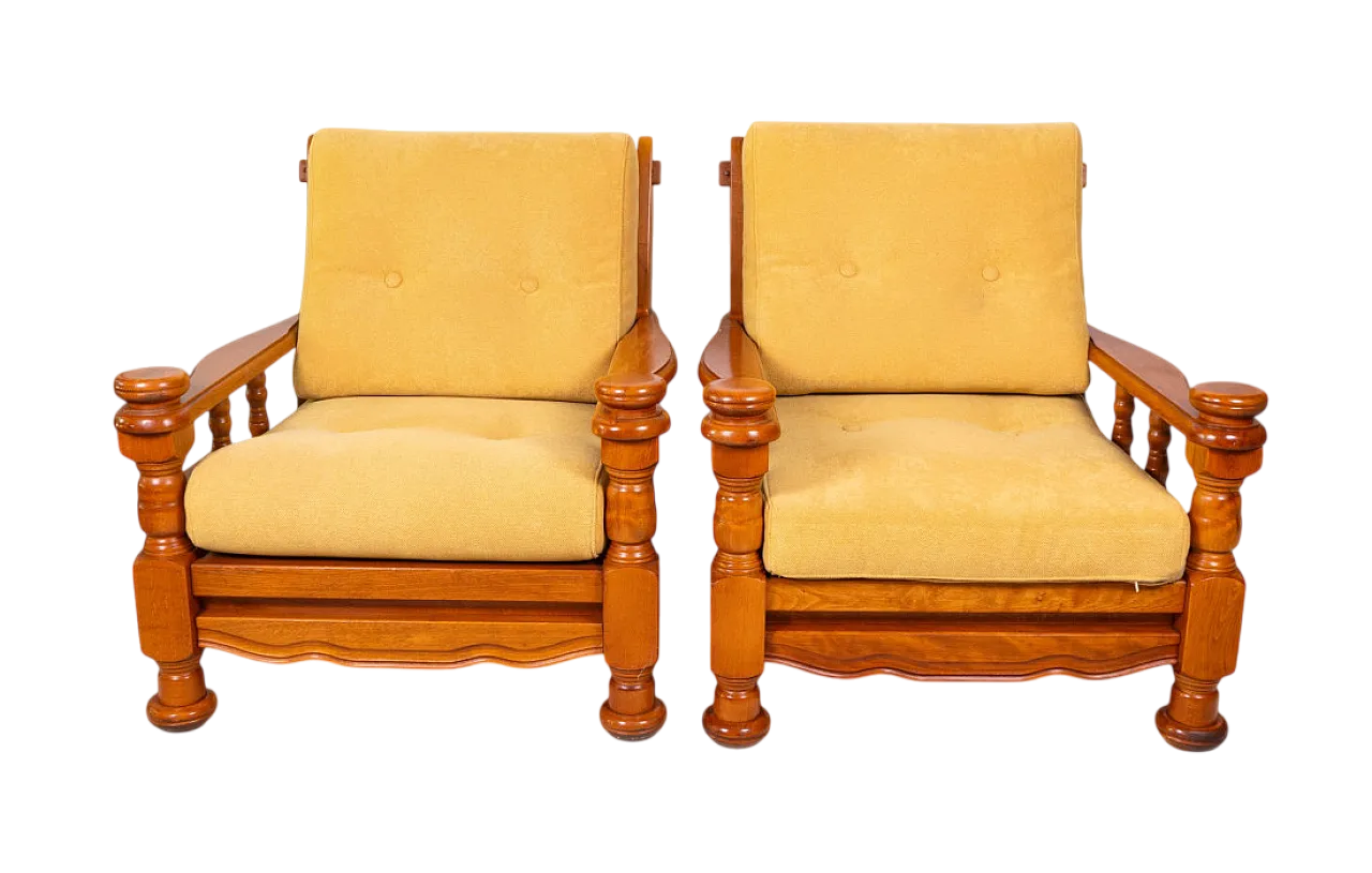 Coppia di poltrone in legno tornito con cuscini, anni ’70 9