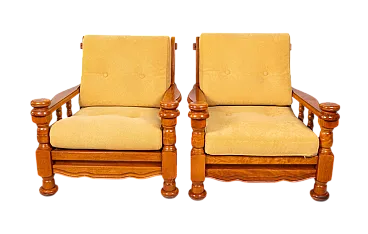 Coppia di poltrone in legno tornito con cuscini, anni ’70