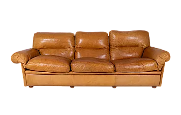 Divano in pelle cognac a tre posti, anni '70