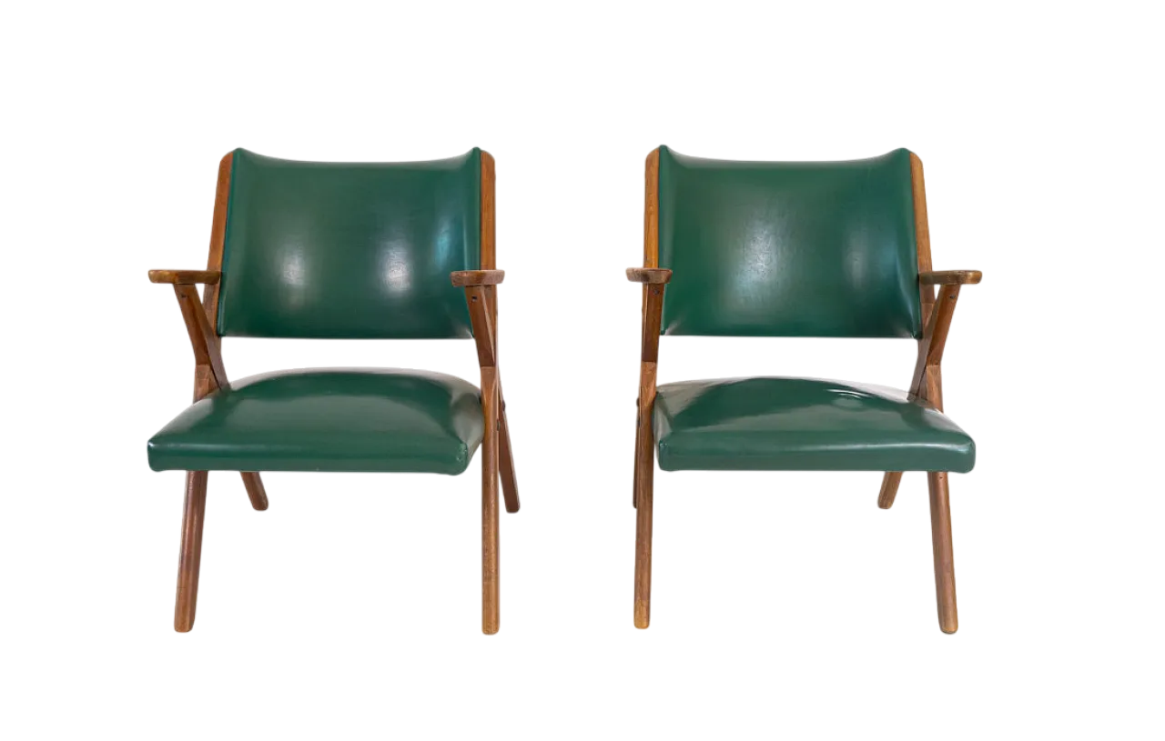 Coppia di poltroncine Dal Vera in legno e skai verde, anni '60 8