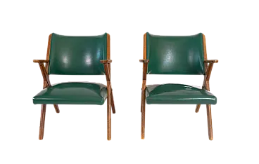 Coppia di poltroncine Dal Vera in legno e skai verde, anni '60