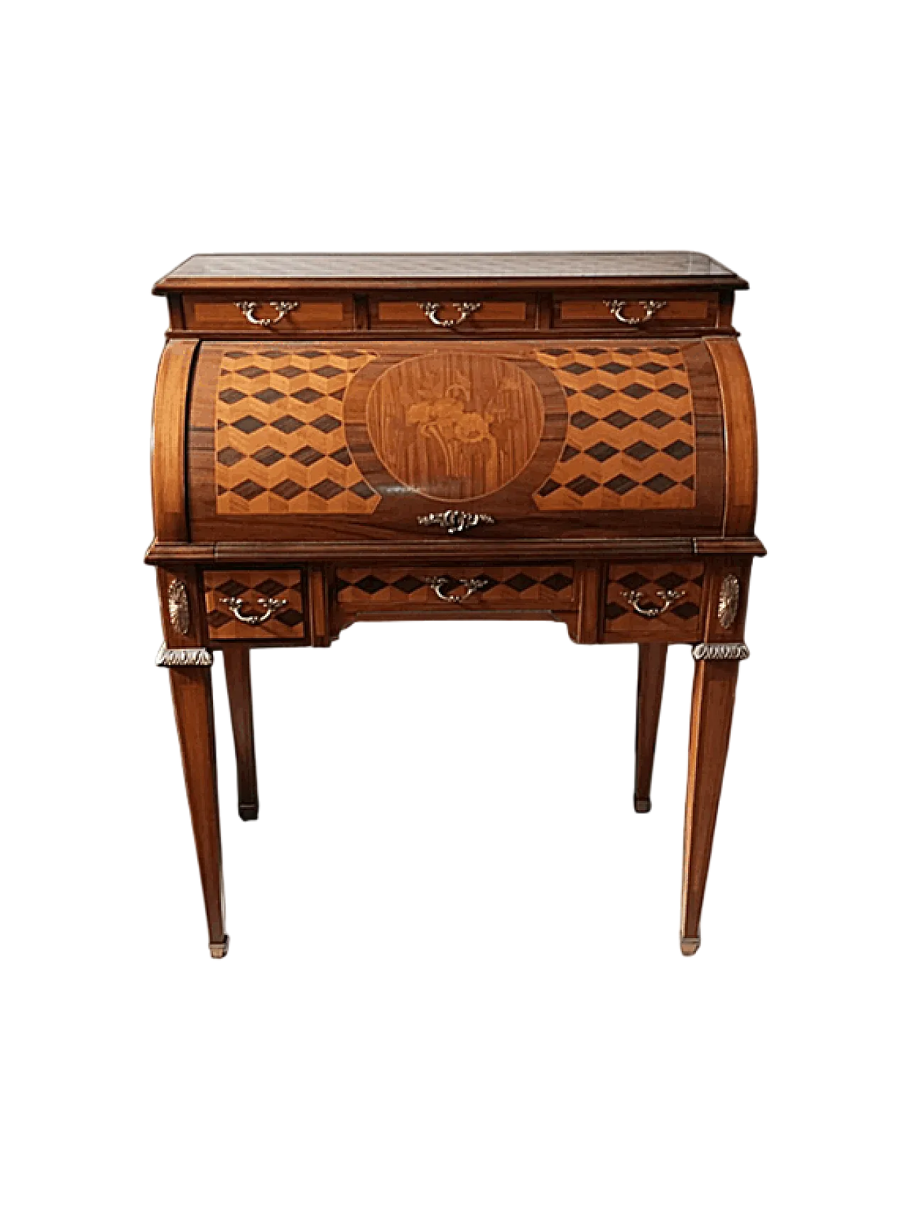 Secreaire a cilindro con intarsi e fregi a bronzo, '900 6