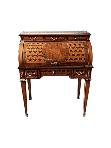 Secreaire a cilindro con intarsi e fregi a bronzo, '900