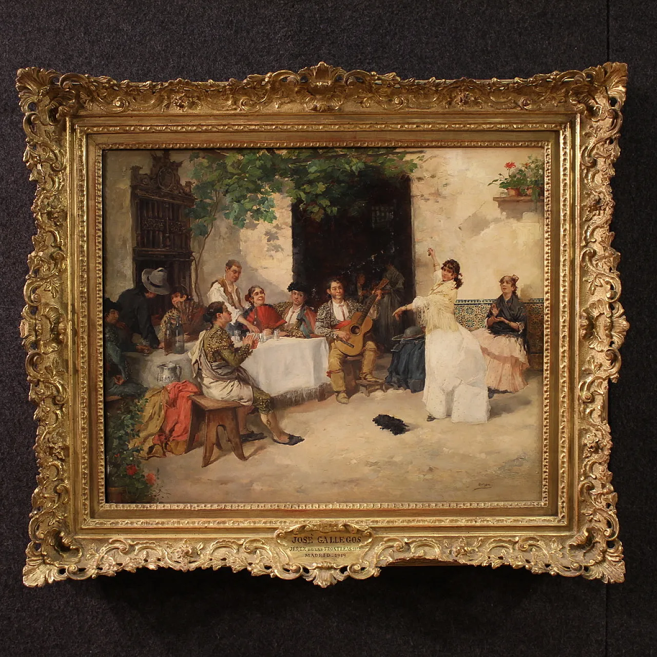 Spanish painting with flamenco dancer, signed Galgos 1