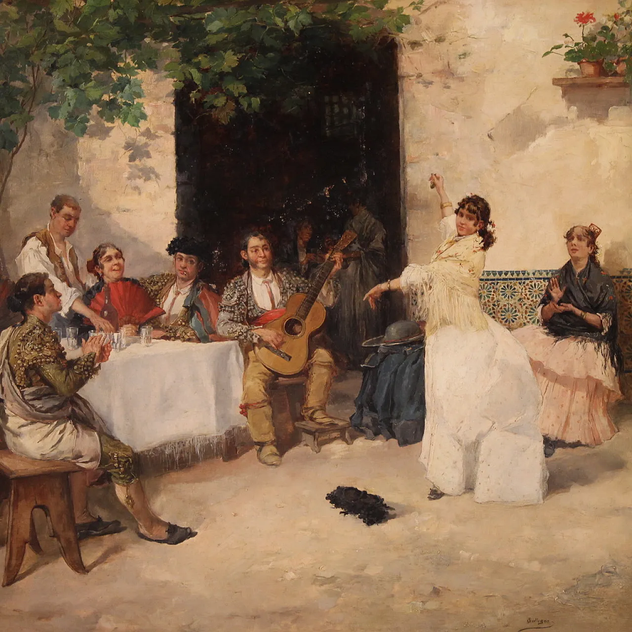Spanish painting with flamenco dancer, signed Galgos 3